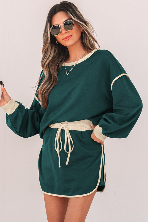 Paneled Loose Pullover And Lace Up Skort Two Piece Set