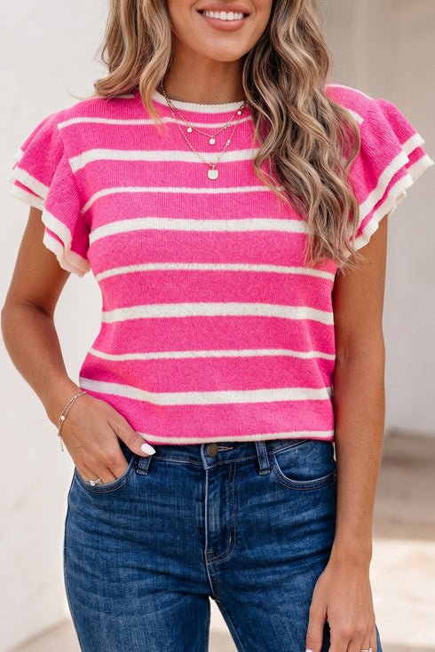 Striped Double Ruffle Short Sleeve Lightweight Knit Sweater