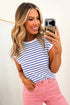 Striped Print Contrast Trim Round Neck Cap Sleeve Tee