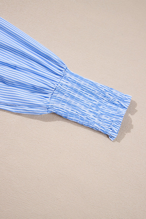 Pinstripe Long Sleeve Smocked Cuff Button Shirt Collar Blouse