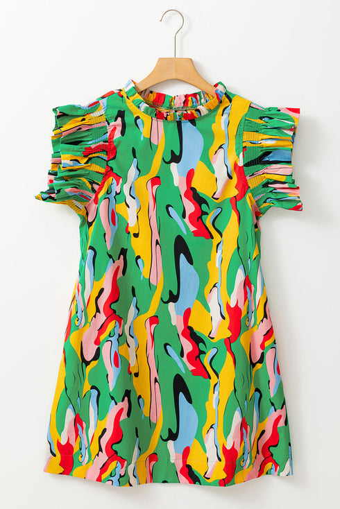 Abstract Print Ruffled Mock Neck Shift Dress