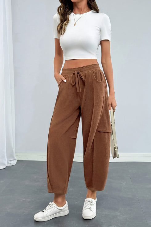 Polyester Corduroy Elastic Waist Drawstring Cargo Pants