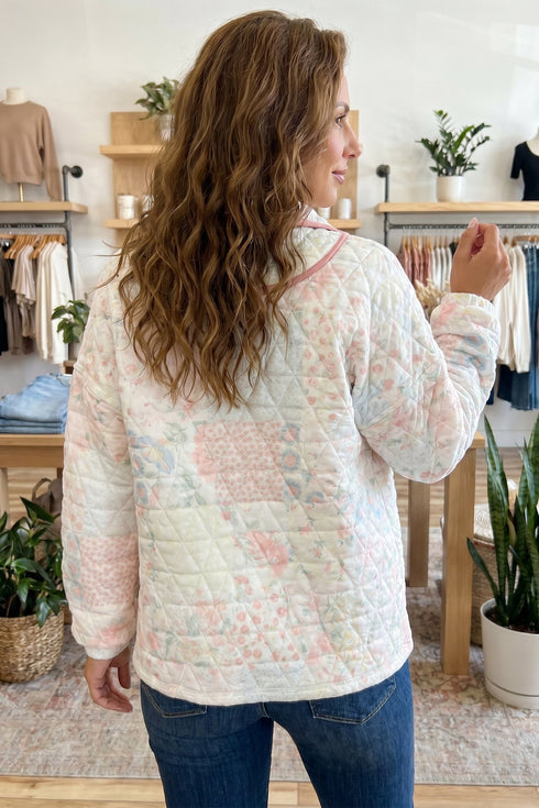 Floral Quilted Metal Zipper Collar Long Sleeve Sweatshirt