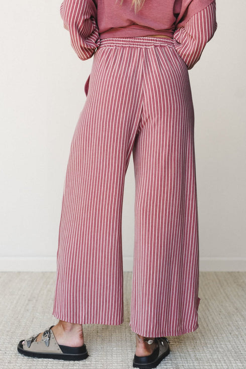Raw Seam Patchwork Long Sleeve Top Pocketed Wide Leg Pant Set