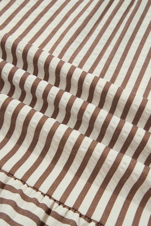 Stripe Shirt Collar Patchwork Trim Ruffle Hem Mini Dress