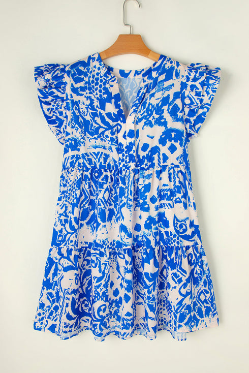 Exclusive Floral Print V Neck Ruffle Sleeve A Line Dress