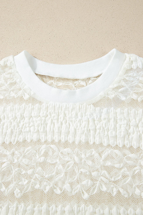 Sheer Lace Textured Patchwork Short Sleeve Top