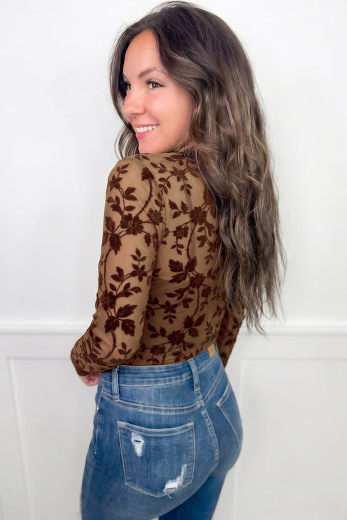 Floral Mesh Long Sleeve Round Neck Sheath Top