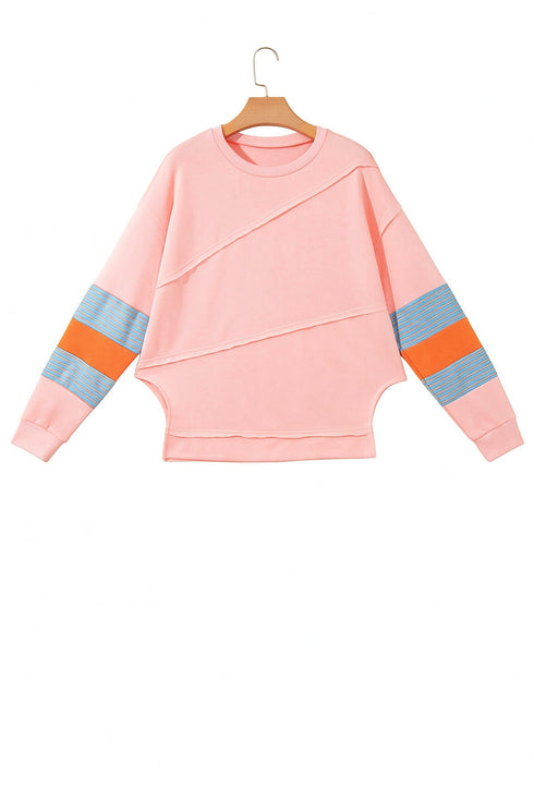 Striped Pattern Patchwork Raw Long Sleeve Top
