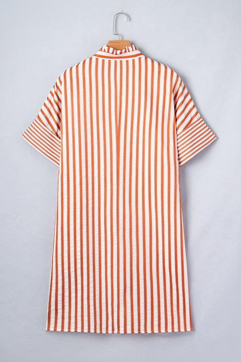 Striped Pinched V Neck Cuffed Shift Mini Dress