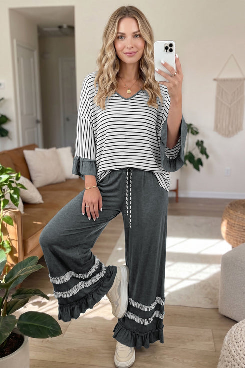 Striped V Neck Ruffle Sleeve Top Drawstring Two Piece Pant Set
