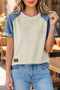 Denim Style Panel Block Patchwork Round Neck Tee