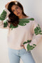 Abstract Botanical Print Boat Neck Knit Pullover Sweater