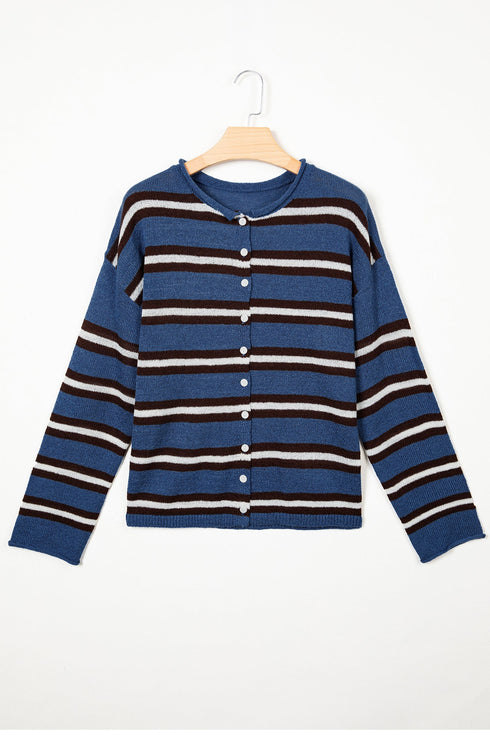Acrylic Striped Pattern Drop Shoulder Button Cardigan