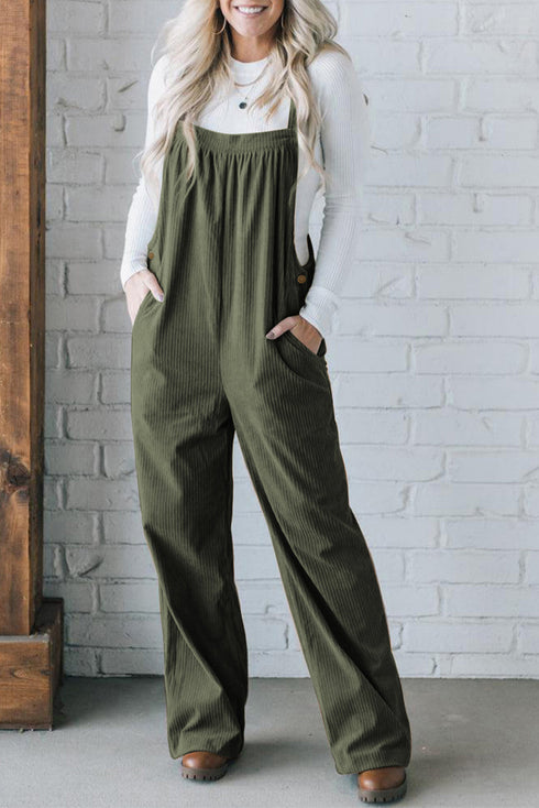 Pure Polyester Button Adjustable Straps Corduroy Jumpsuit