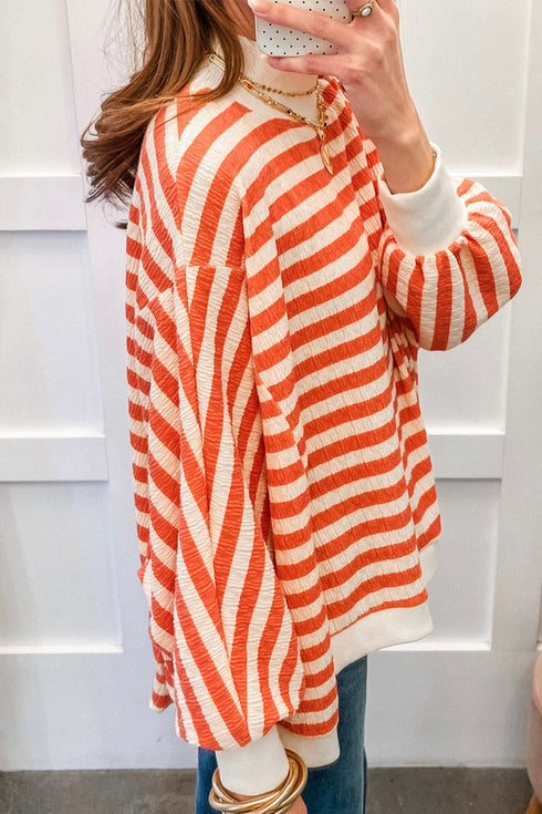 Striped Textured Mock Neck Oversized Long Sleeve Top