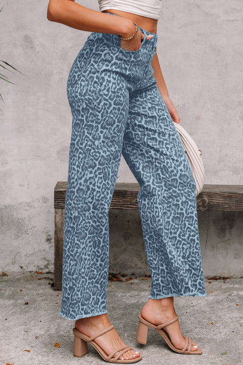 Western Style Leopard Print Frayed Edge Wide Leg Jeans