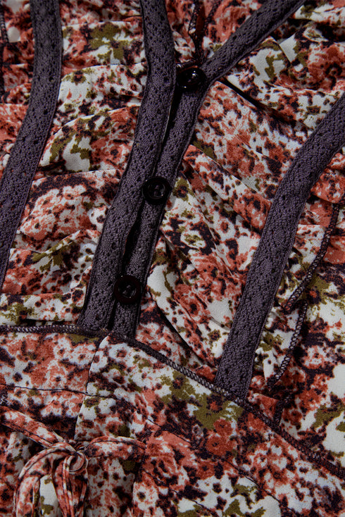 Floral Print Split Front Tiered Frilled V Neck Floral Dress