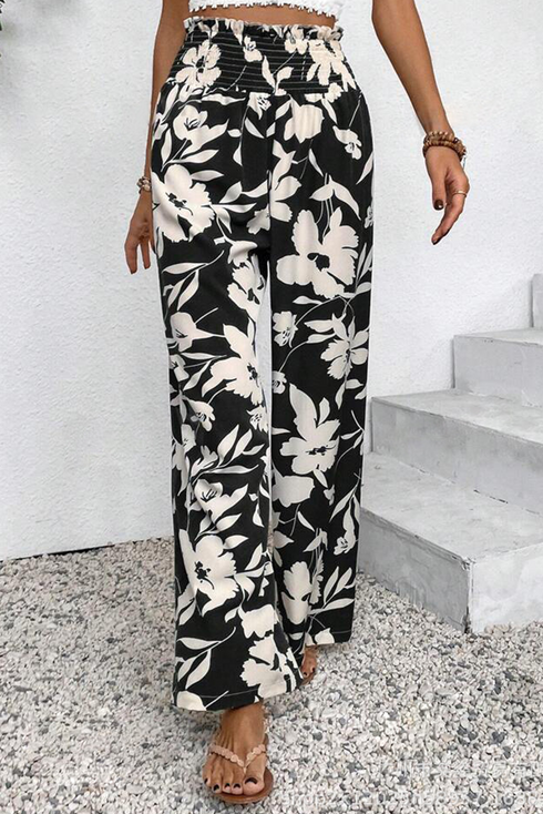 Bohemian Floral Print Smocked High Waist Wide Leg Pants