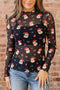 Sheer Novelty Print Stand Neck Long Sleeve Top