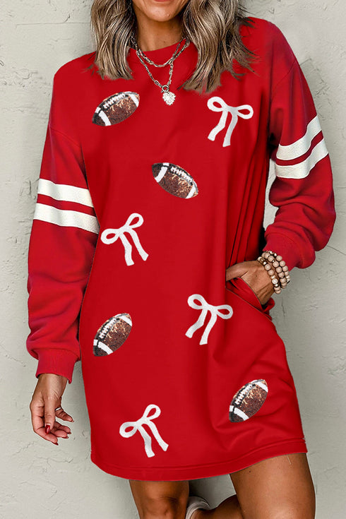 Sequin Rugby Bow Graphic Varsity Striped Sleeve Shift Dress