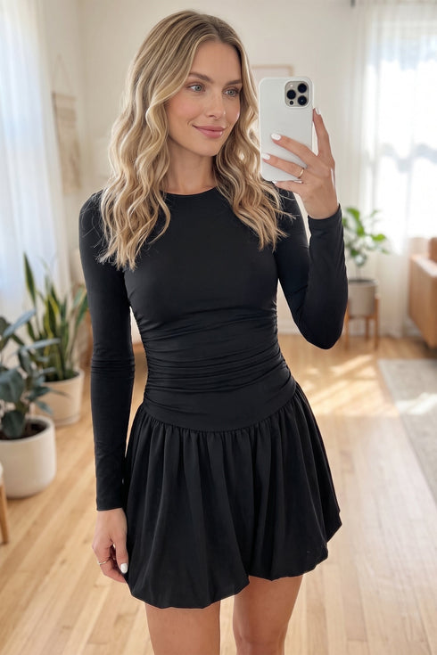 Bubble Hem Long Sleeve Elegant Silhouette Mini Dress
