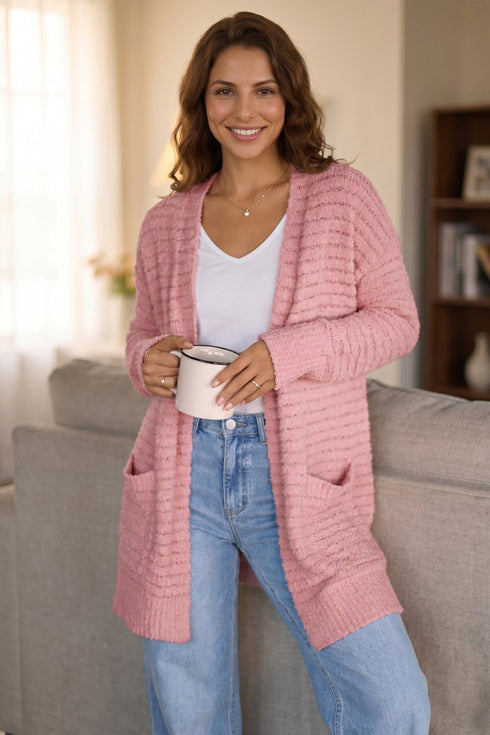 Open Front Soft Fuzzy Ribbed Sweater Cardigan