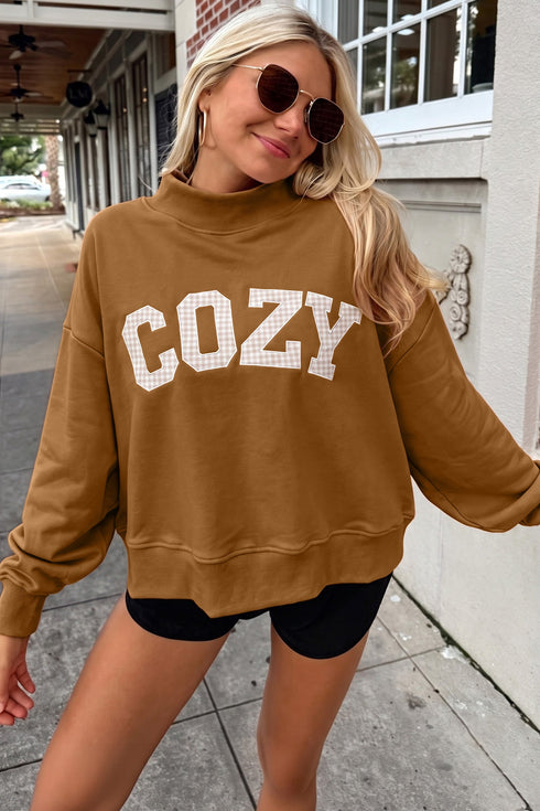Stay Salty Embroidered Long Sleeve Mock Neck Shift Pullover Sweatshirt