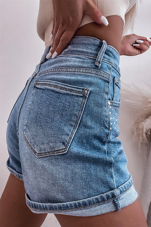 Casual Rhinestone Embellished Patchwork Denim Shorts