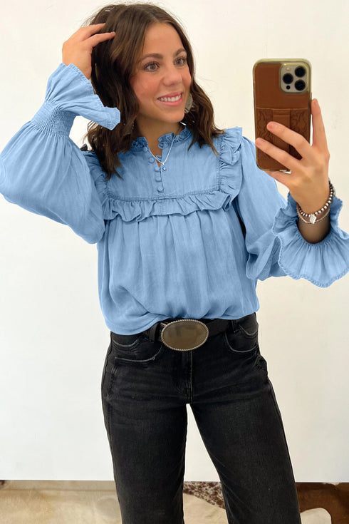 Western Ruffle V Neck Long Sleeve Chambray Blouse