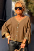 V Neck Glitter Trim Patchwork Button Front Blouse
