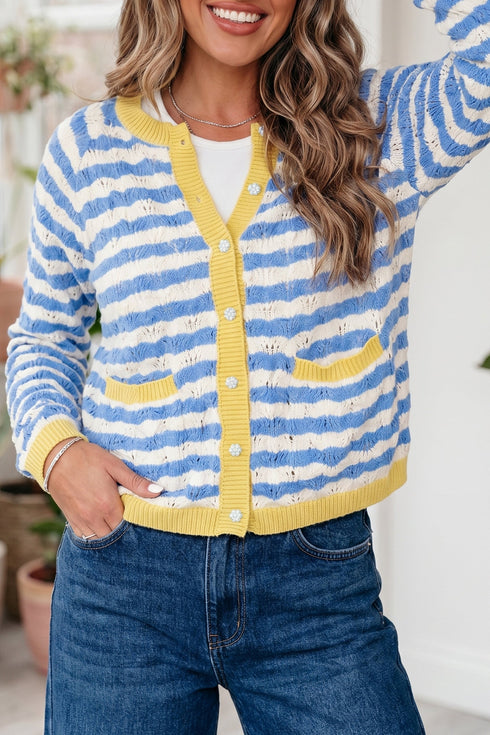 Striped Button Front Long Sleeve Loose Fit Knit Cardigan
