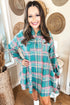 Plaid Button Up Shift Long Sleeve V Neck Mini Dress