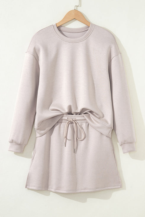 Solid Drop Shoulder Pullover Drawstring Mini Skirt Two Piece Dress
