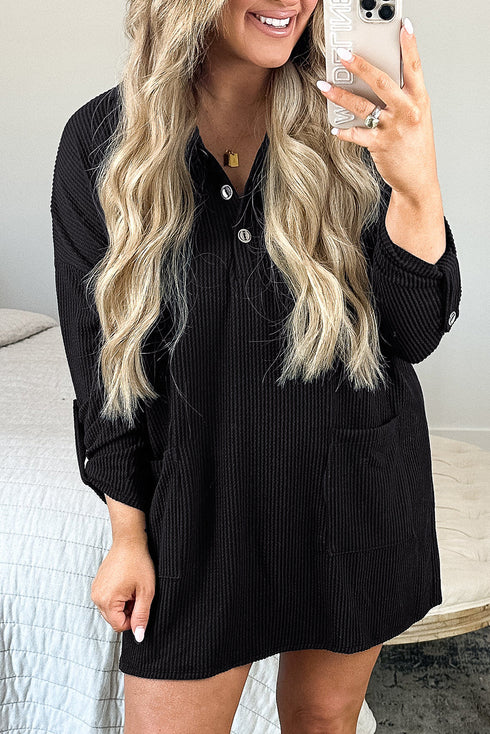 Solid Corded Knit Collared Roll Tab Sleeve Dress