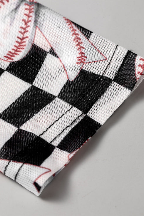 Checkered Baseball Bow Print High Neck Long Sleeve Mesh Top
