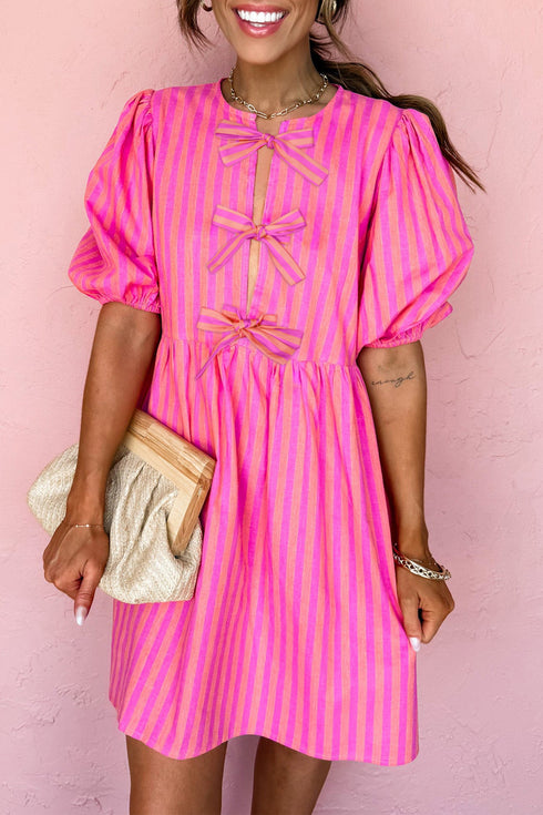 Striped Short Puff Sleeve Bow Detail Mini Dress