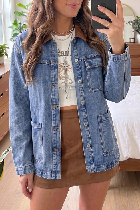 Patchwork Leather Collar Long Sleeve Denim Jacket