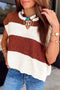 Striped V Neck Loose Knit Short Sleeve Sweater