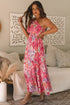 Abstract Floral Shirred One Shoulder Maxi Dress
