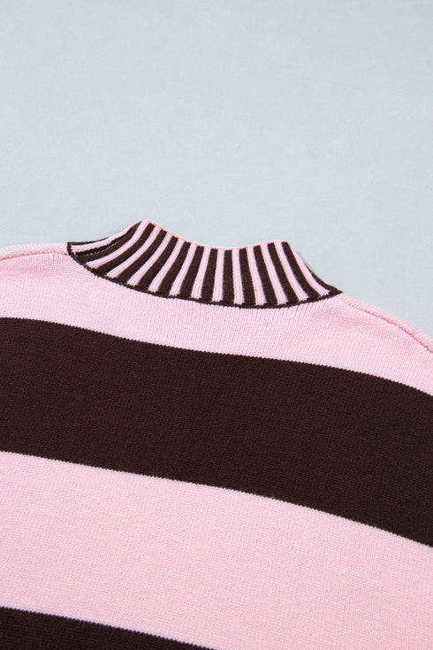 Striped Panel High Neck Drop Shoulder Relaxed Pullover Sweater