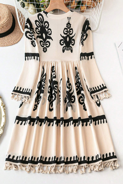 Abstract Print Fringe Tassel Bohemian Western Mini Dress
