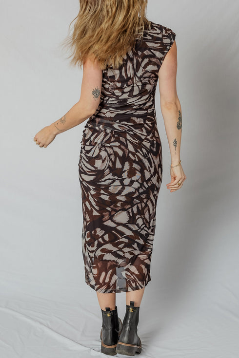 Abstract Print Mesh Ruched Cap Sleeve Bodycon Midi Dress