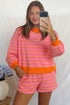 Striped Panel Trim Long Sleeve Pullover Pocketed Short Set