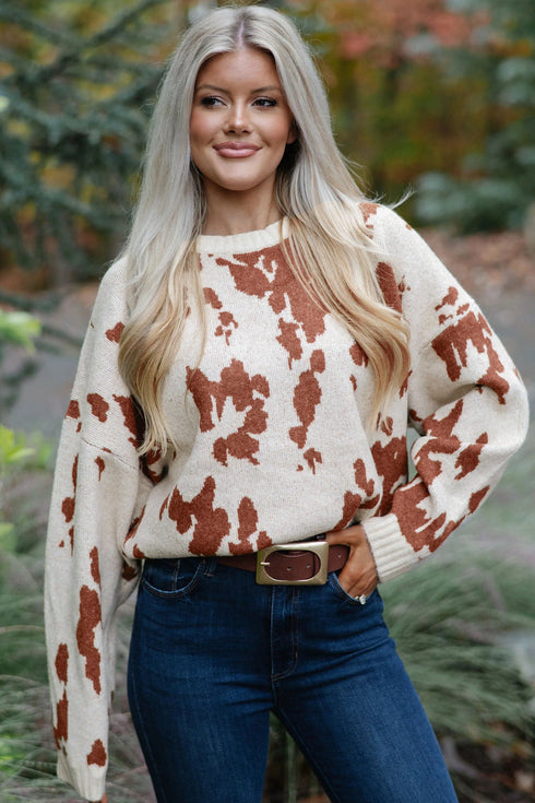 Abstract Print Drop Shoulder Long Sleeve Round Neck Sweater