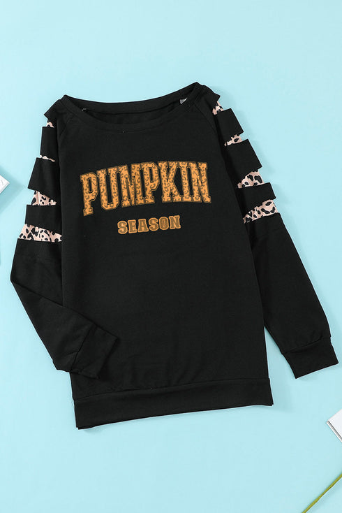 Slashed Sleeve Leopard Pumpkin Graphic Sweatshirt