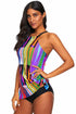 High Neck Geometric Print Halter Tankini Top