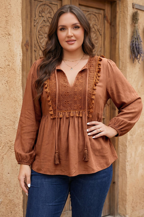Boho V Neck Embroidered Tassel Long Sleeve Blouse