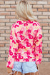 Abstract Floral Balloon Sleeve Button Down Shirt