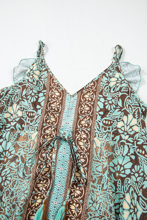 Bohemian V Neck Backless Ruffled Tassel Waist Maxi Floral Dress